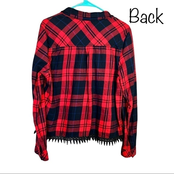 Kenzie Jeans Red and Black Button Crochet Double Breasted Pocket Blouse M - Picture 7 of 15
